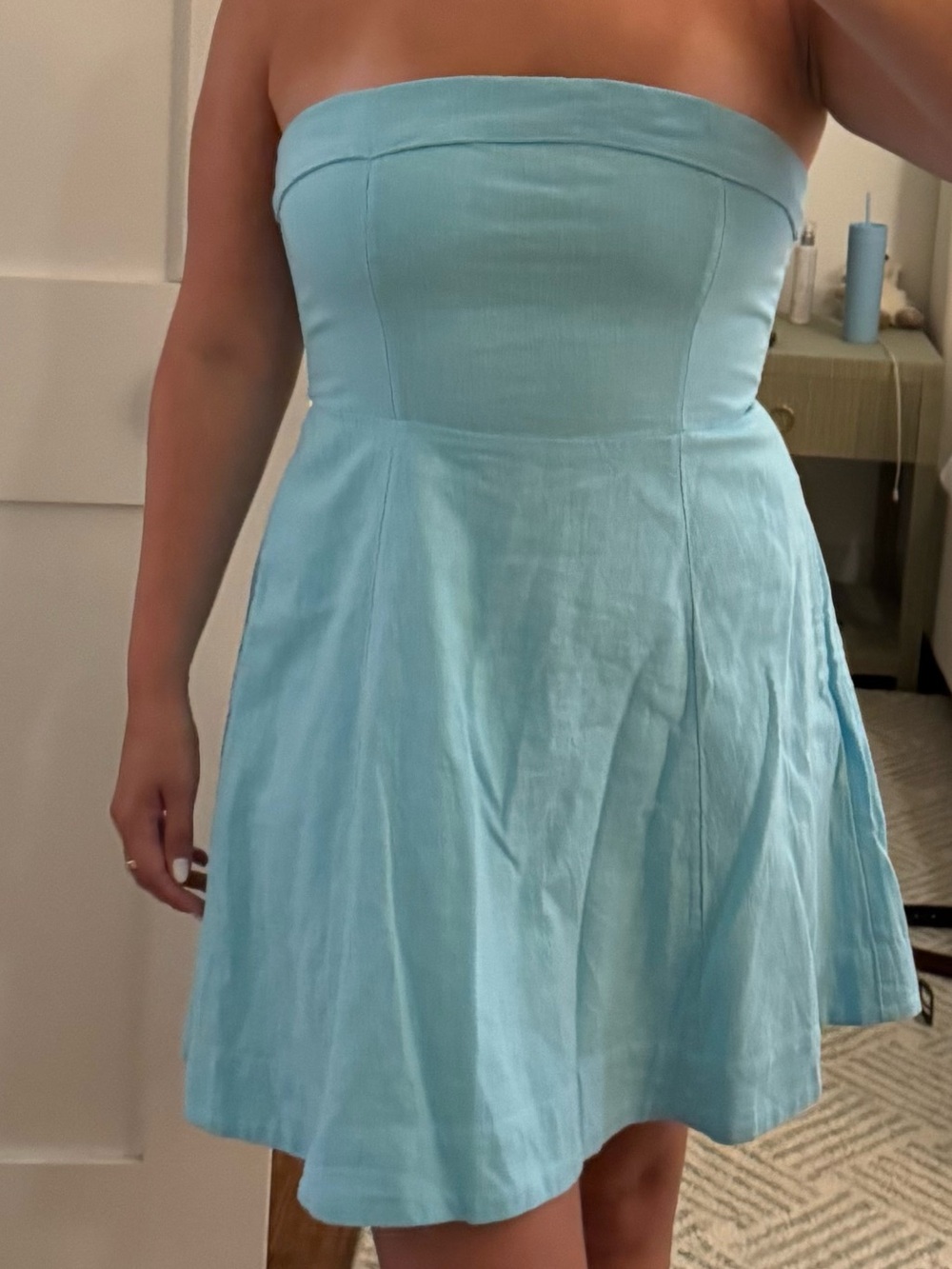 A&F Strapless Light Blue Linen Blend A-Line Dress